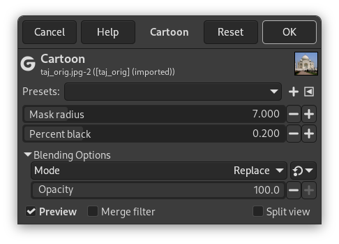 „Cartoon“ filter options