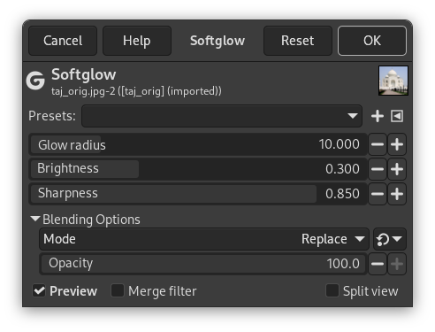 „Softglow“ filter options