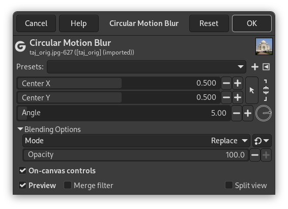 „Circular Motion Blur“ filter options