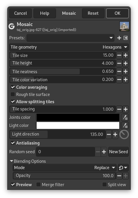 „Mosaic“ filter options