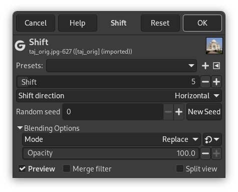 „Shift“ filter options