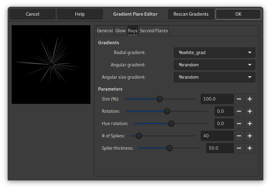 „Gradient Flare Editor“ options (Rays)