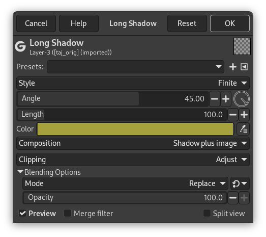 „Long Shadow“ filter options