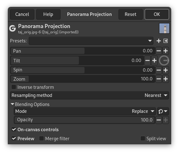 „Panorama Projection“ filter options