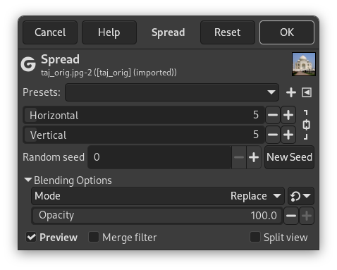 „Spread“ filter options