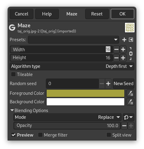 „Maze“ filter options