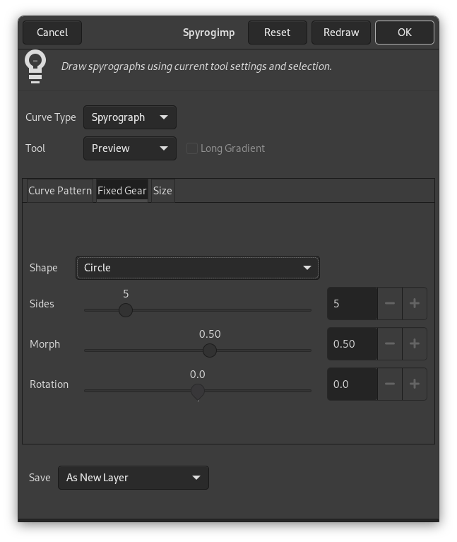 „Spyrogimp“ filter options (Fixed Gear)