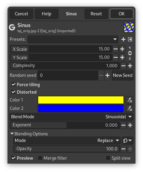 Opcions del filtre «Sinus» (paràmetres)