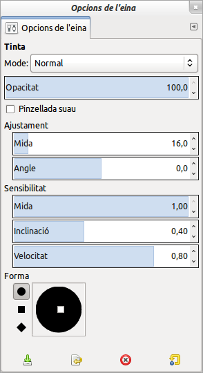 Opcions de l'eina Ploma de tinta