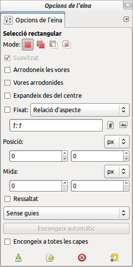 Les opcions de l'eina de Selecció Rectangular