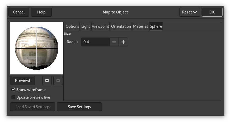 “Map Object” options (Sphere)