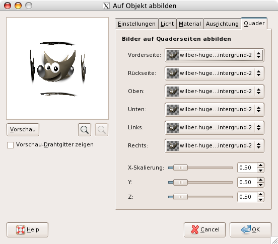 Eigenschaften des Filters „Auf Objekt abbilden“ (Quader)