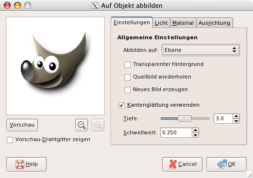 Eigenschaften des Filters „Auf Objekt abbilden“ (Einstellungen)