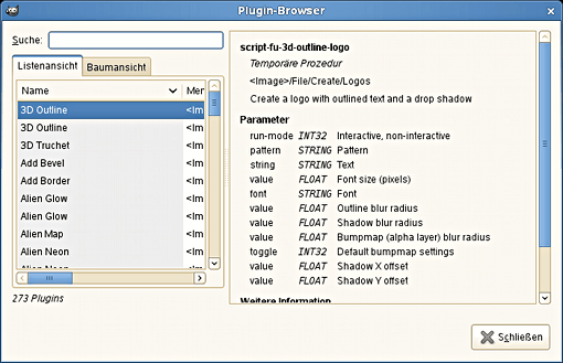 Das Dialogfenster „Plugin-Browser“ (Listenansicht)