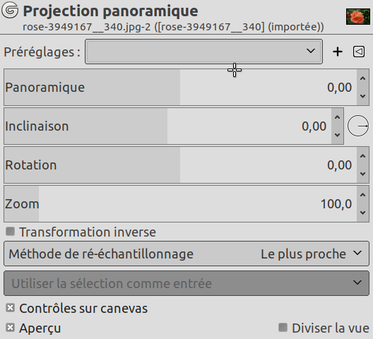 Options du filtre « Projection panoramique »