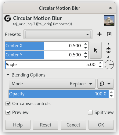 „Circular Motion Blur” filter options