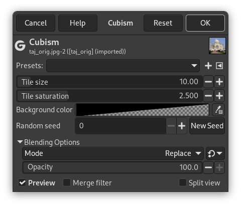 „Cubism“ filter options