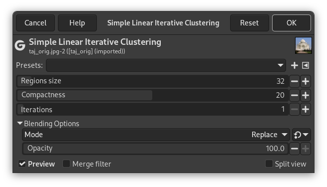 „Simple Linear Iterative Clustering“ options