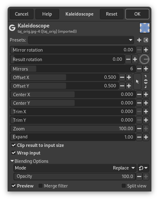 „Kaleidoscope“ filter options