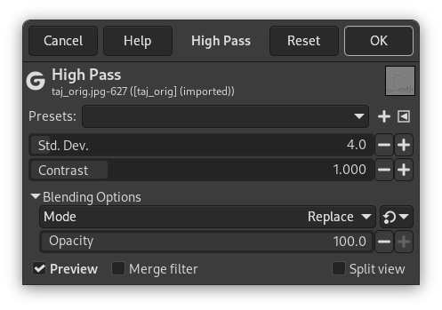 „High Pass“ filter options