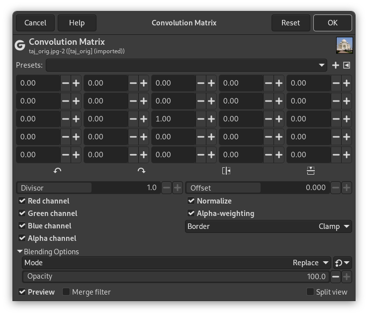 „Convolution matrix“ options