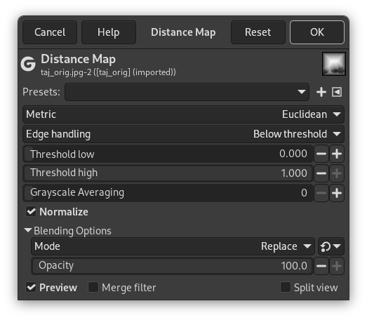 „Distance Map“ options