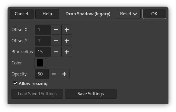 „Drop Shadow (legacy)“ filter options