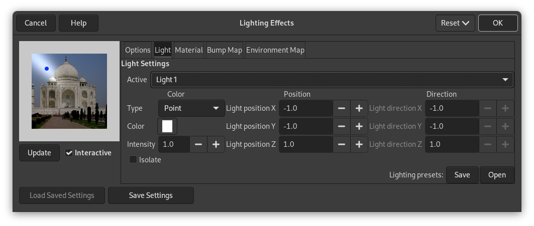 „Lighting“ filter options (Light Settings)