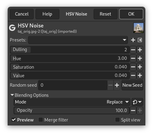 „HSV Noise“ filter options