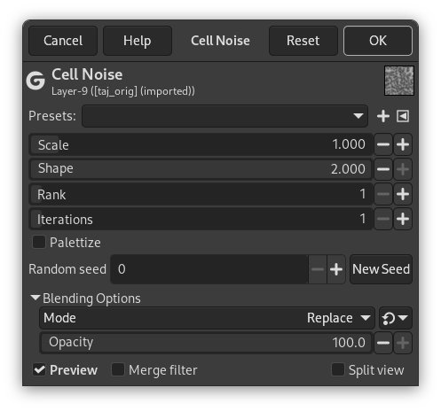 „Cell Noise“ filter options