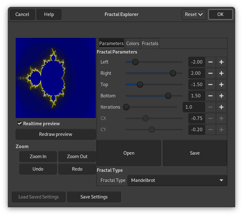 „Fractal Explorer“ filter options