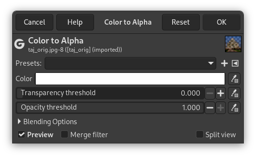 „Color to Alpha“ filter dialog