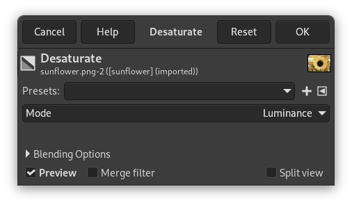 The „Desaturate“ option dialog