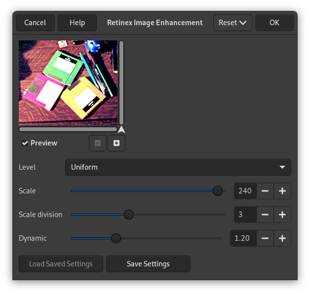 „Retinex“ filter options