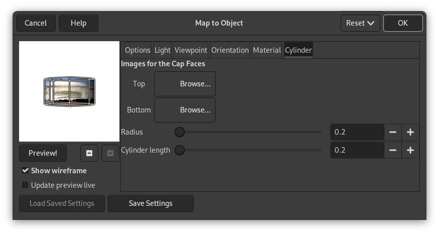 “Map Object” options (Cylinder)