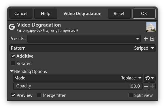 Innstillingane for filteret «Video degradering»