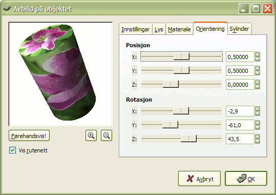 Innstillingane for filteret «Avbild på objekt» (Orientering)