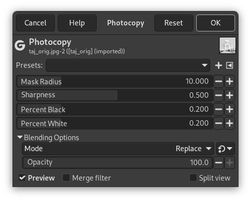 „Photocopy” filter options