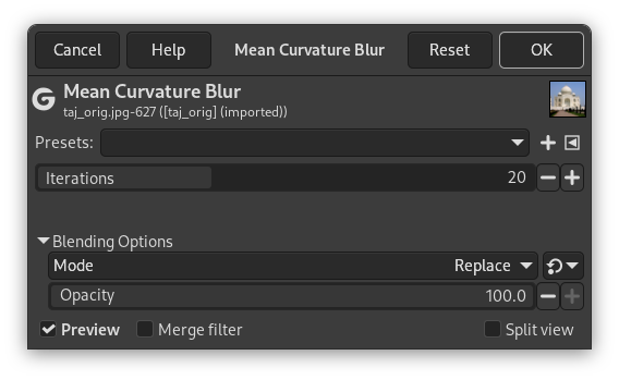 „Mean Curvature Blur” filter parameters