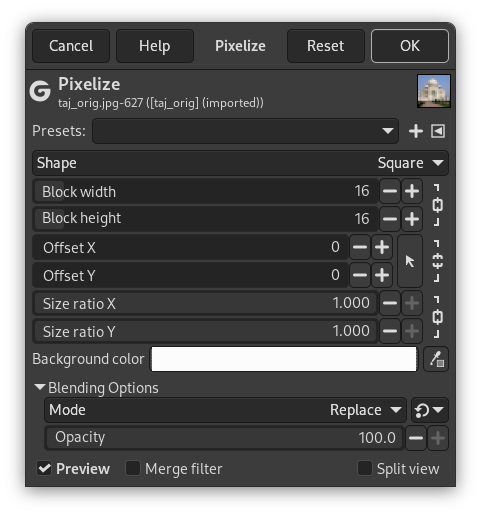 „Pixelize” filter options