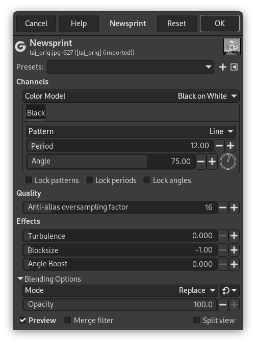 „Newsprint” filter options