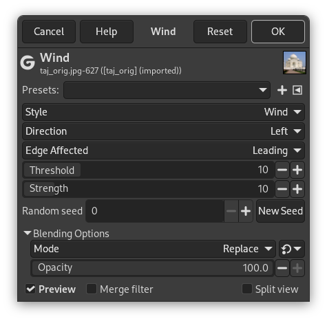 „Wind” filter options