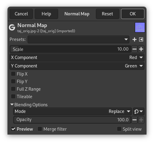 „Normal Map” options