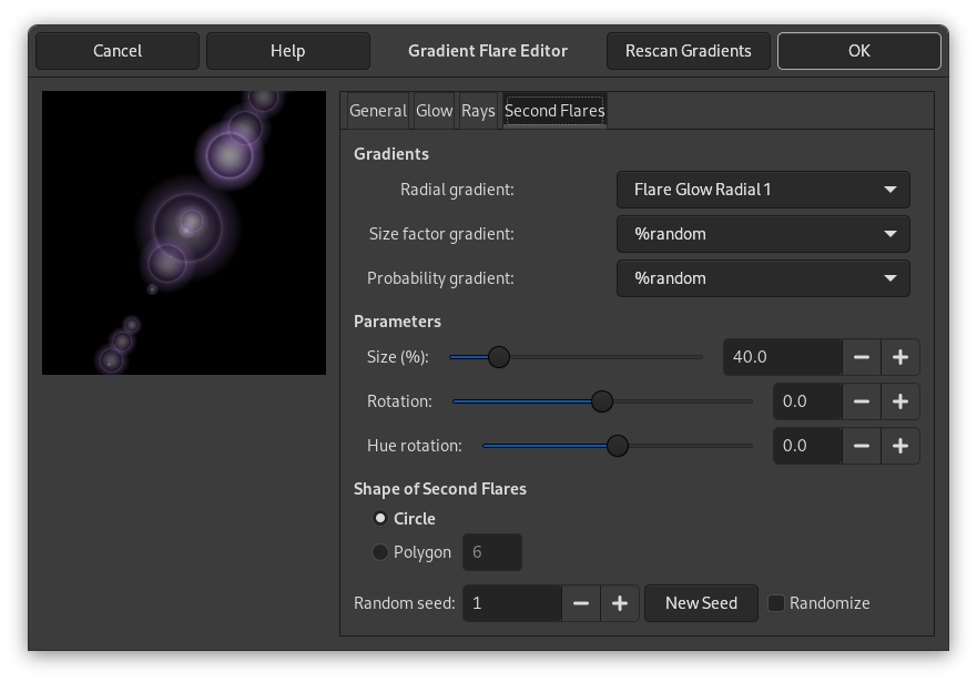 „Gradient Flare Editor” options (Second Flares)