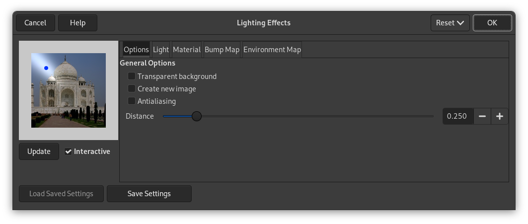 „Lighting” filter options