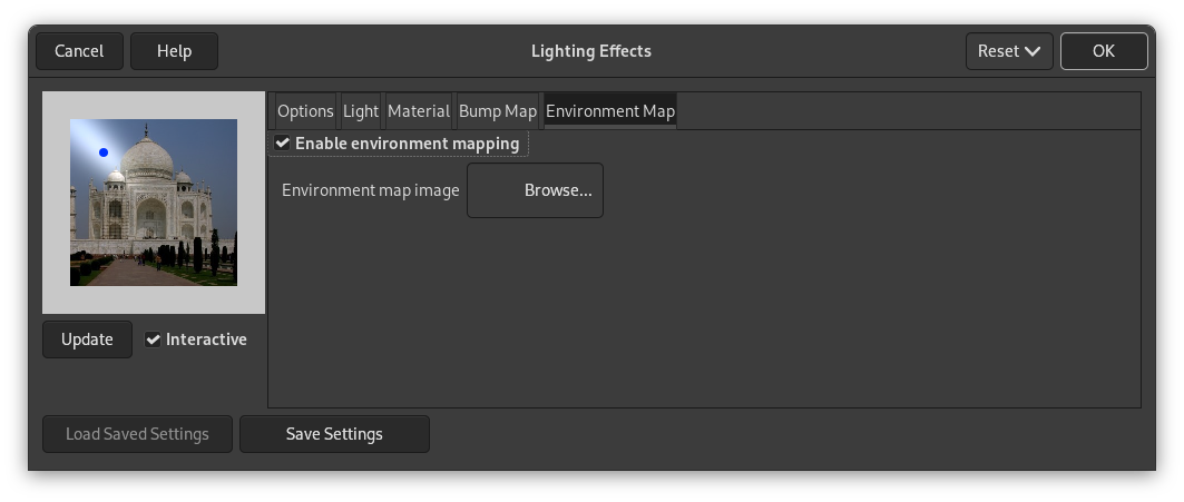 „Lighting” filter options (Environment Map)