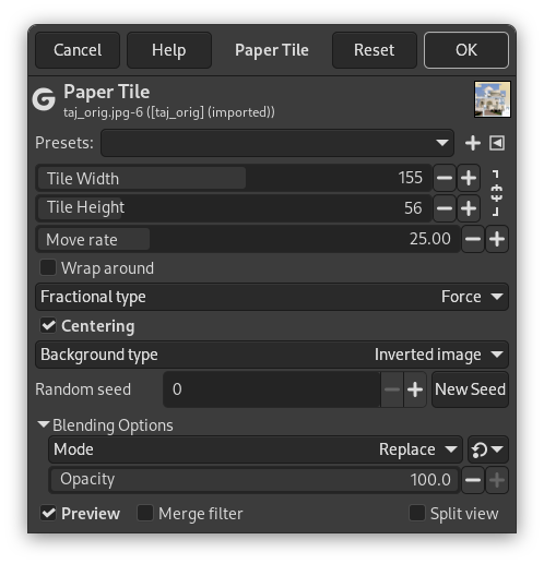 „Paper Tile” filter options