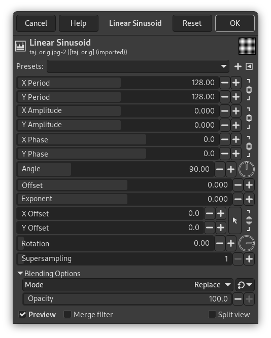 „Linear Sinusoid” filter options dialog