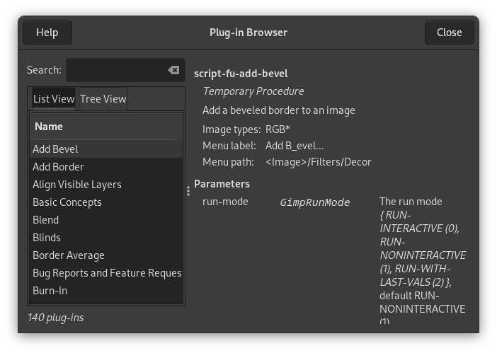 A visualização em lista da janela de “Navegador Plug-In”