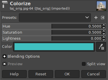 Diálogo do filtro Colorizar